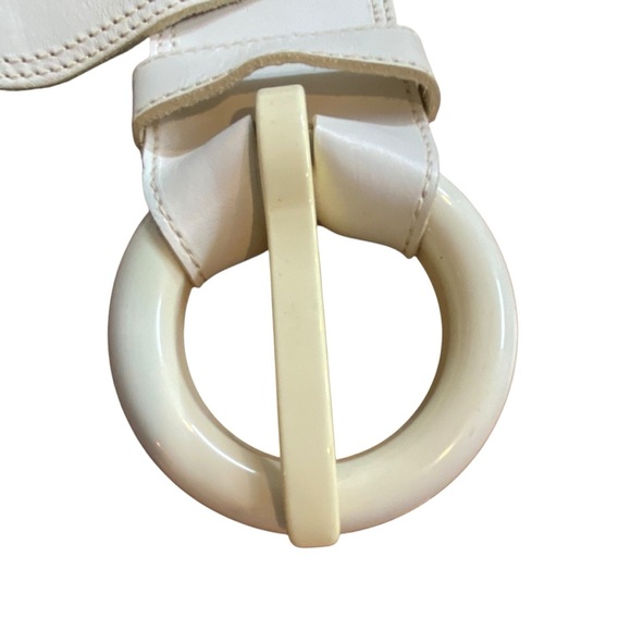 MINORONZONI Italian White Wide Leather Belt size Large Oversized Buckle Vintage - Picture 6 of 10